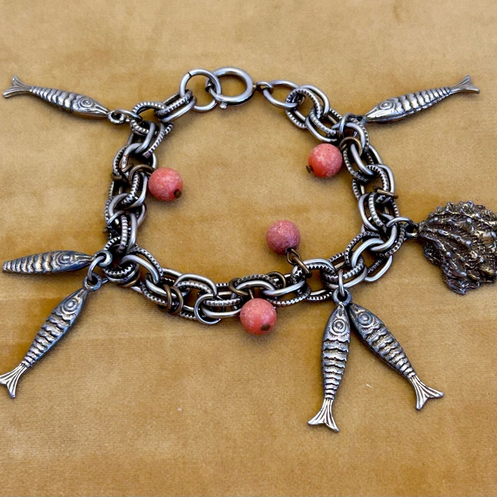 Vintage German Silver Fish and Clamshell Charm Bracelet with Red Beads